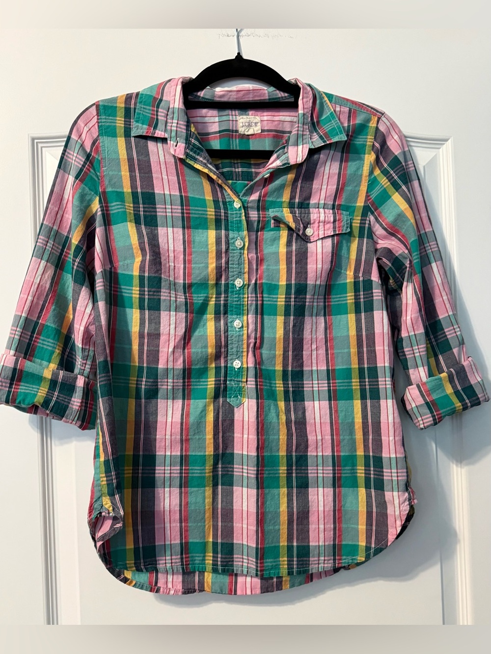 J. Crew 100% Cotton Pink, Green & Yellow Plaid Button-Down - The Perfect Shirt